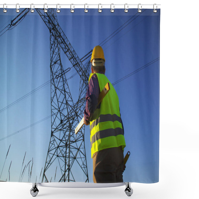 Personality  Engineer During Power Line Inspection. Electrician At Work. Production And Supply Of Energy From Power Plants. Shower Curtains