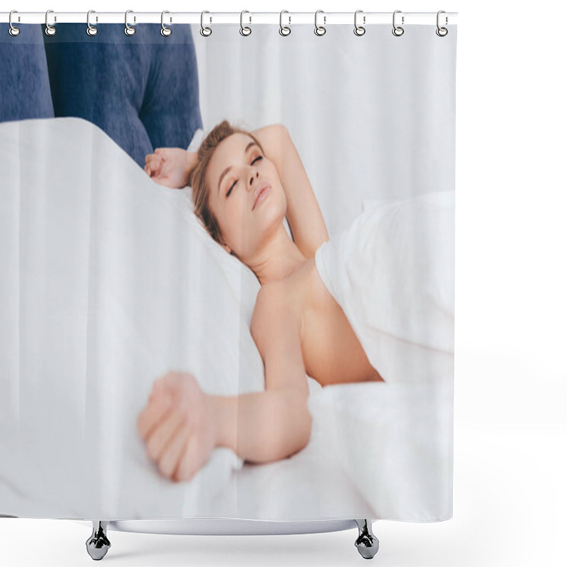 Personality  Beautiful Nude Woman Sleeping In Bed In Morning Shower Curtains