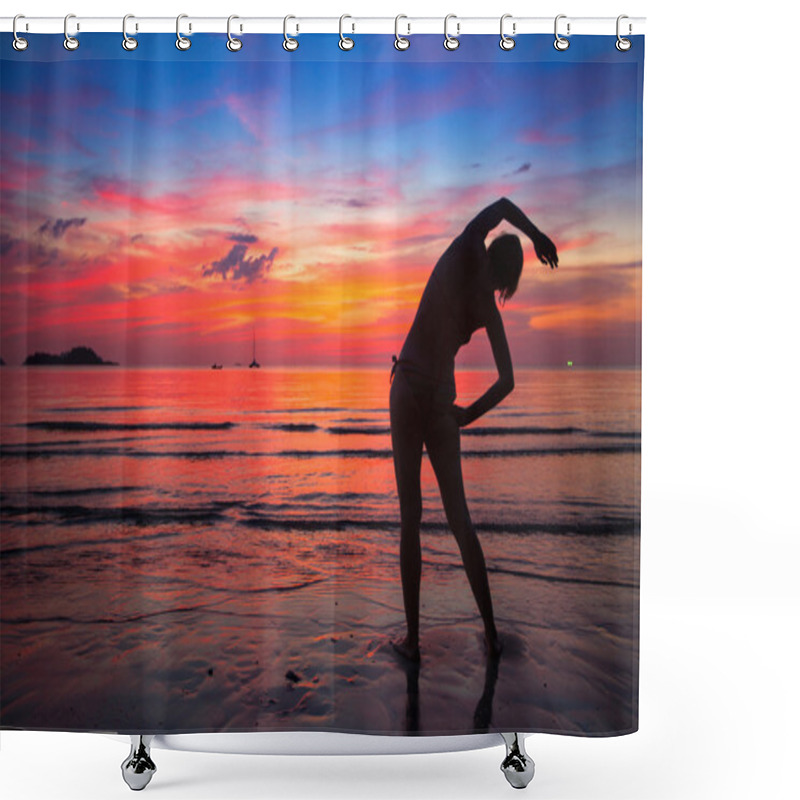 Personality  Woman Doing Exercise On The Beach Near The Ocean At Sunset In Thailand Shower Curtains