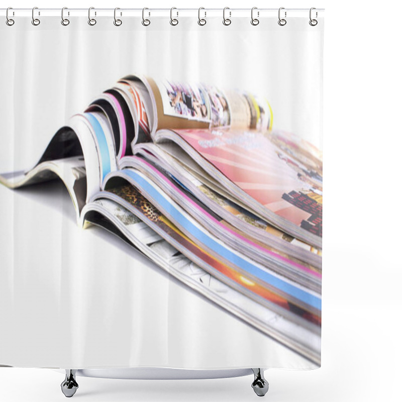 Personality  Stack Of Magazines On White Background Shower Curtains