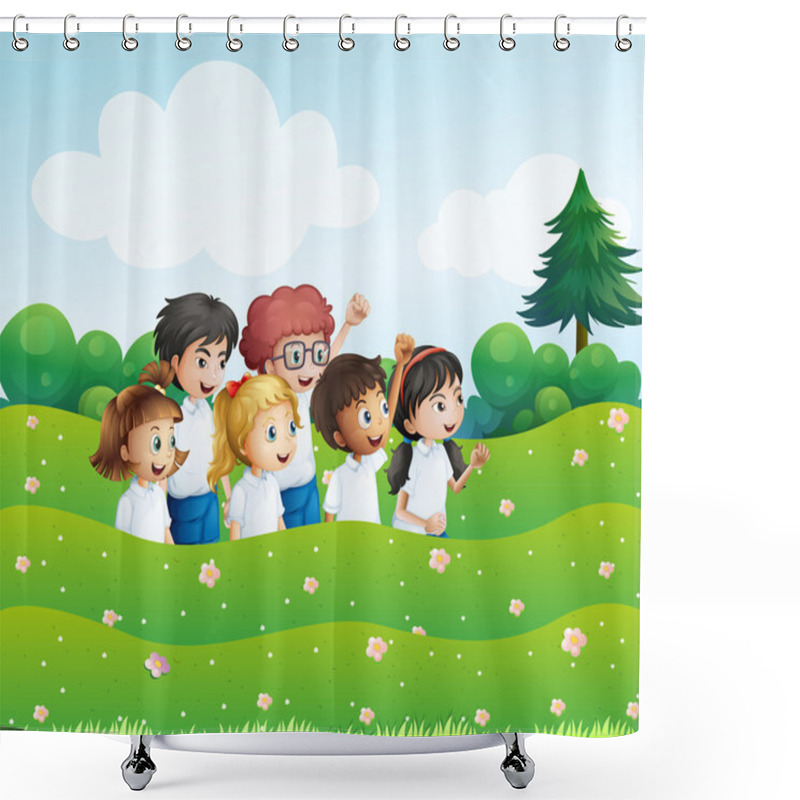 Personality  Six Playful Kids At The Hill Shower Curtains