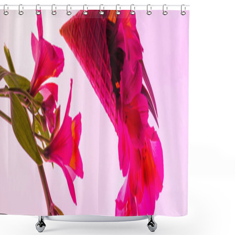 Personality  Panoramic Shot Of Blooming Flowers In Ice Cream Cone Isolated On Pink  Shower Curtains