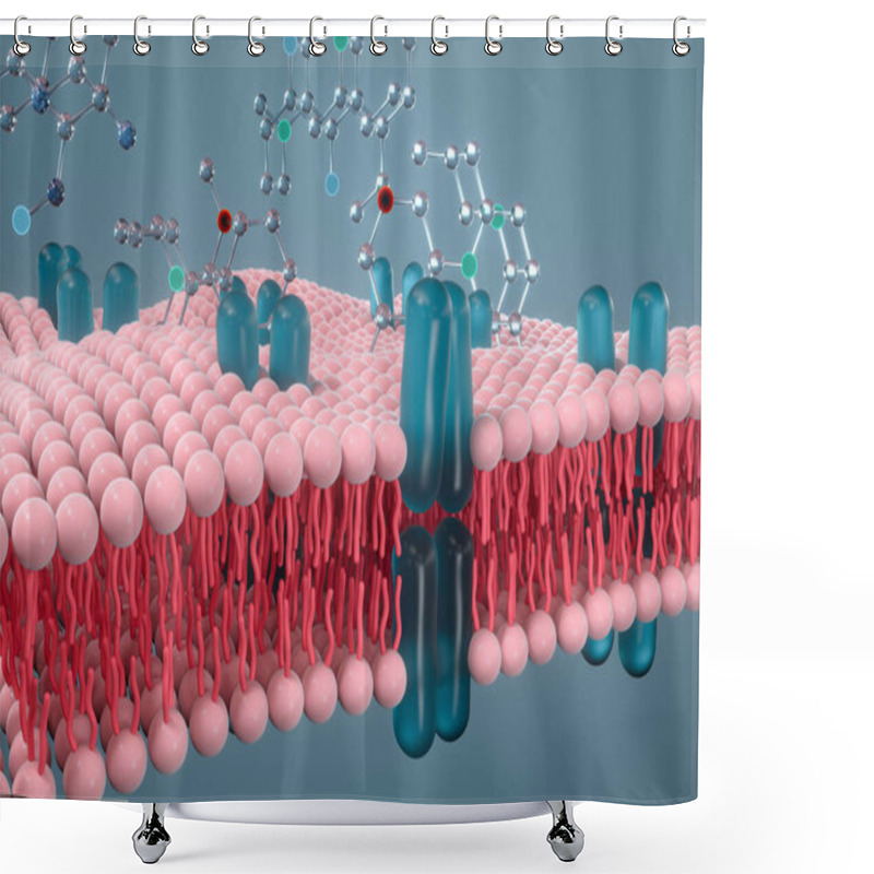 Personality  Cell Membrane And Biology, Biological Concept, 3d Rendering. Computer Digital Drawing. Shower Curtains