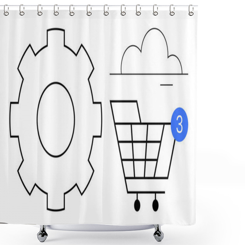 Personality  Gear And Shopping Cart With Cloud Above And Notification Bubble With Number Three. Ideal For Online Shopping, Ecommerce, Technology Integration, Cloud Services, Notifications, System Settings, App Shower Curtains