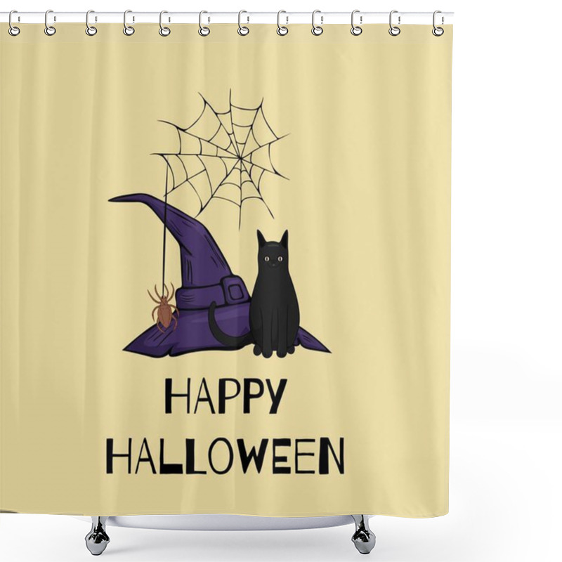 Personality  Vector Halloween Illustration For A Poster Or Greeting Card. A Witch Hat, A Cat And Spider Web On A Yellow Background. Shower Curtains