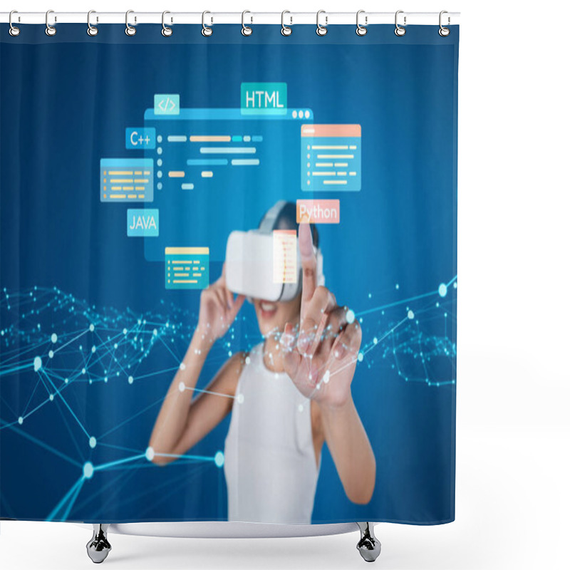 Personality  Software Developer Or Programmer Work With Coding Digital Overlays Of Various Programming Languages Like HTML, Python, Java, And C EIDE For New Application Mobile Phone Development Shower Curtains