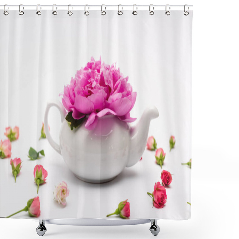 Personality  Pink Flower In Porcelain Teapot Near Small Tea Roses On White Shower Curtains