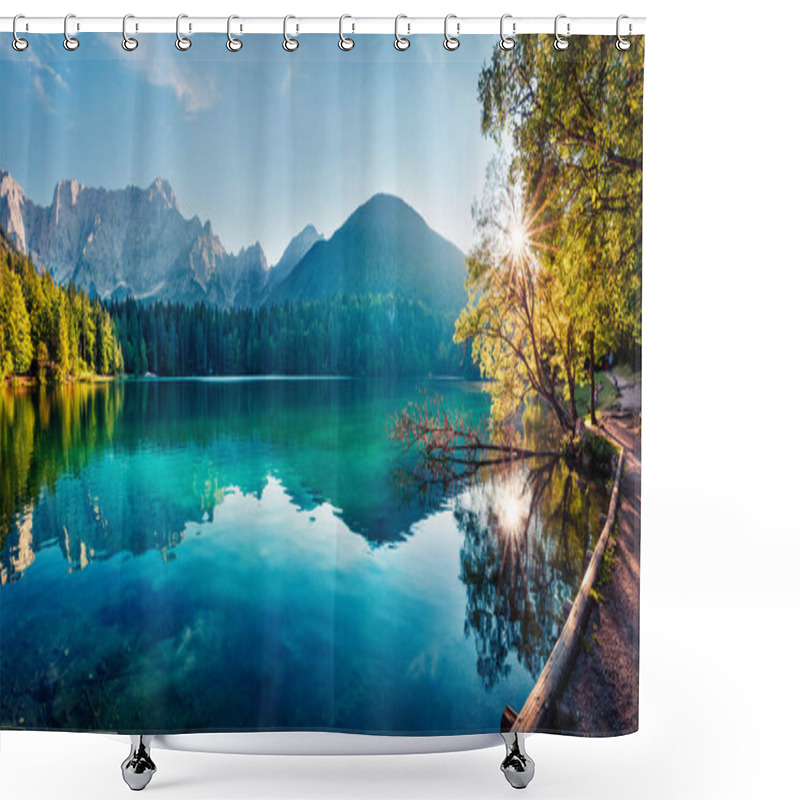 Personality  Colorful Summer View Of Fusine Lake. Bright Morning Scene Of Julian Alps With Mangart Peak On Background, Province Of Udine, Italy, Europe. Traveling Concept Background. Shower Curtains