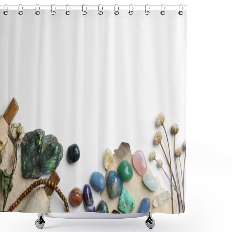 Personality  Composition With Different Gemstones On White Background, Top View Shower Curtains