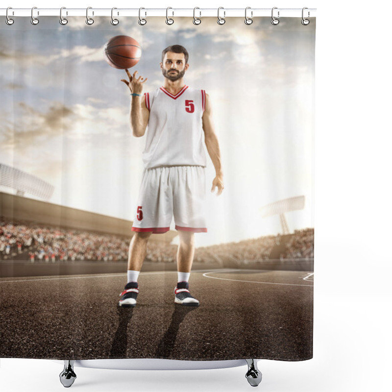 Personality  Basketball Player In Action On Background Of Sky And Crowd Shower Curtains