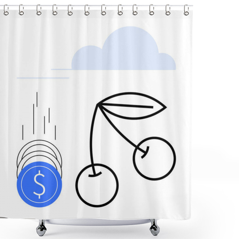 Personality  Blue Coins With A Dollar Sign Falling Beside Stylized Cherries Under A Simplistic Cloud. Ideal For Finance, Economics, Business Growth, Investment, Agriculture, Success Themes. Line Metaphor Shower Curtains