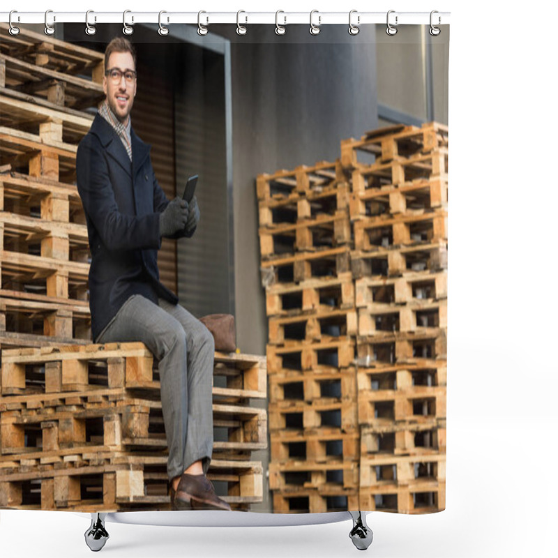 Personality  Handsome Smiling Man Using Smartphone And Sitting On Wooden Pallets Shower Curtains