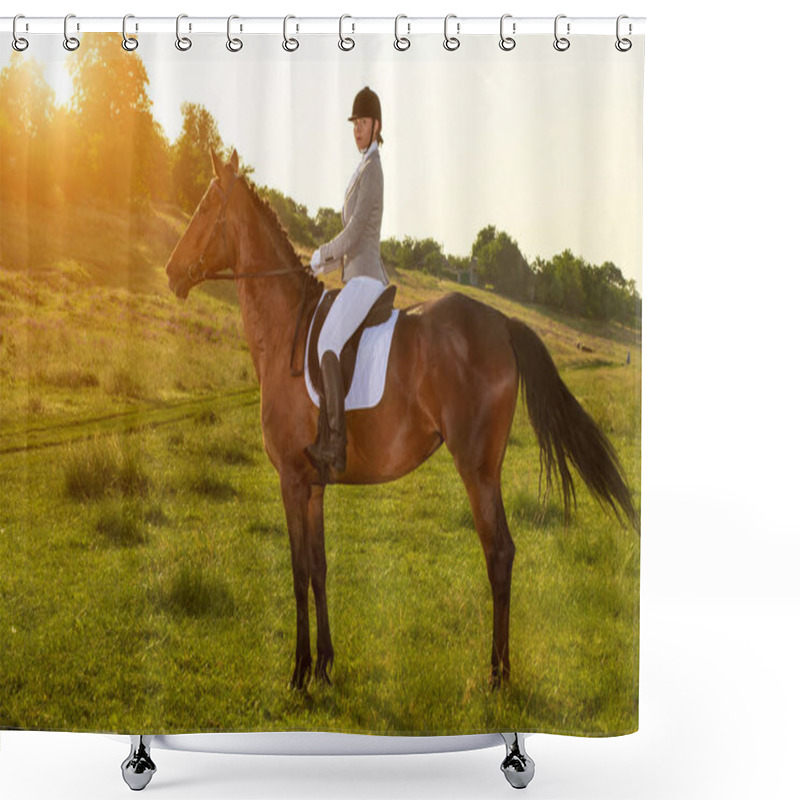 Personality  Young Woman Riding A Horse On The Green Field Shower Curtains