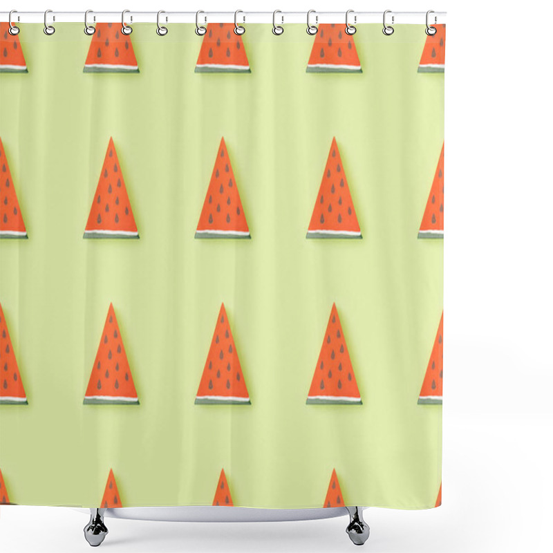 Personality  Top View Of Pattern With Handmade Red Paper Watermelon Slices Isolated On Green Shower Curtains