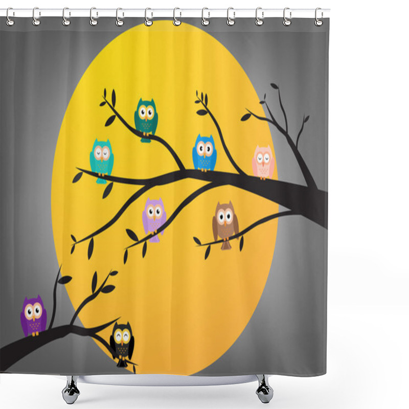 Personality  Owls On Tree In Night With Full Moon Background. Vactor Illustration Shower Curtains