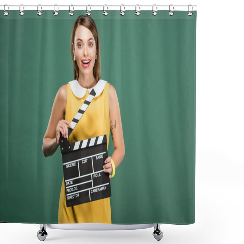 Personality  Beautiful Stylish Woman In Yellow Dress Looking At Camera And Holding Film Clapperboard Isolated On Green Shower Curtains