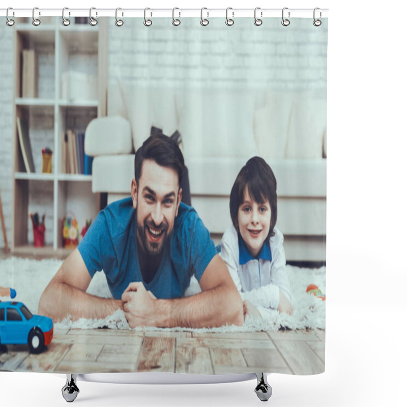 Personality  Boy. Happy Together. Smile. Toys. Have Fun. Son. Plays Games. Smiling Kid. Father. Leisure Time. Man. Home Time. Teddy Bear. Cars. Holidays. Spends Time. Have A Good Time. Happiness. Shower Curtains