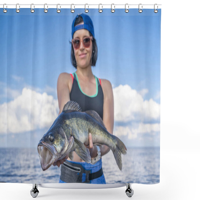 Personality  Happy Fisher Woman With Zander Fish Trophy At The Boat Shower Curtains