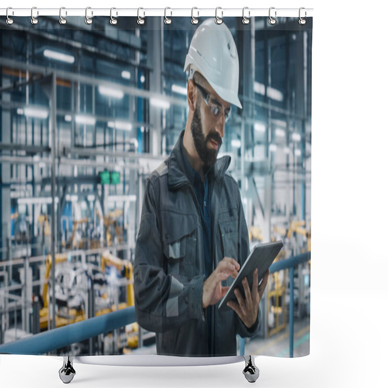 Personality  Car Factory Engineer In Work Uniform Using Tablet Computer. Automotive Industrial Manufacturing Facility Working On Vehicle Production With Robotic Arms Technology. Automated Assembly Plant. Shower Curtains