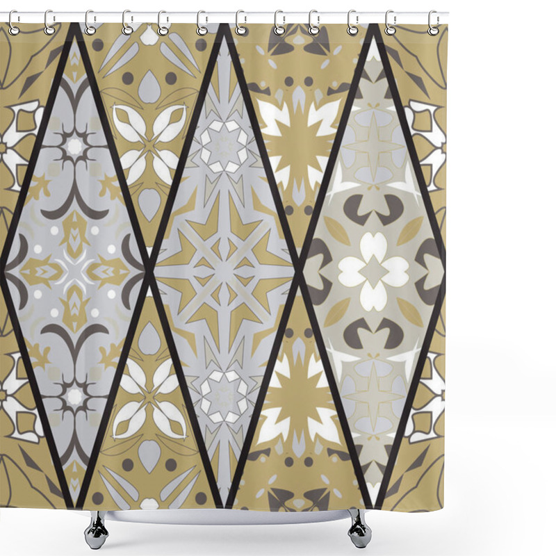 Personality  Vector Seamless Texture. Mosaic Patchwork Ornament With Rhombus Elements. Portuguese Azulejos Decorative Pattern. Ornamental Square Design In Oriental Style Shower Curtains