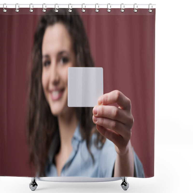 Personality  Young Woman Holding A Business Card Shower Curtains