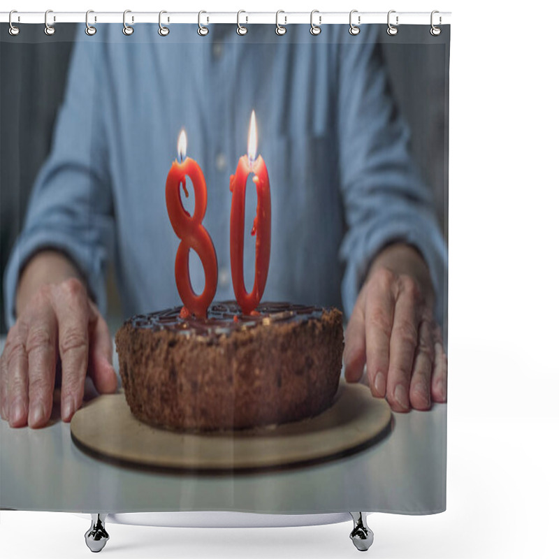 Personality  Close-up View Of Senior Man Celebrating 80 Anniversary With Cake And Burning Number Candles Shower Curtains