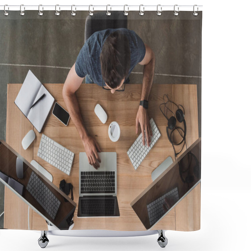 Personality  Overhead View Of Programmer Using Computers At Workplace Shower Curtains