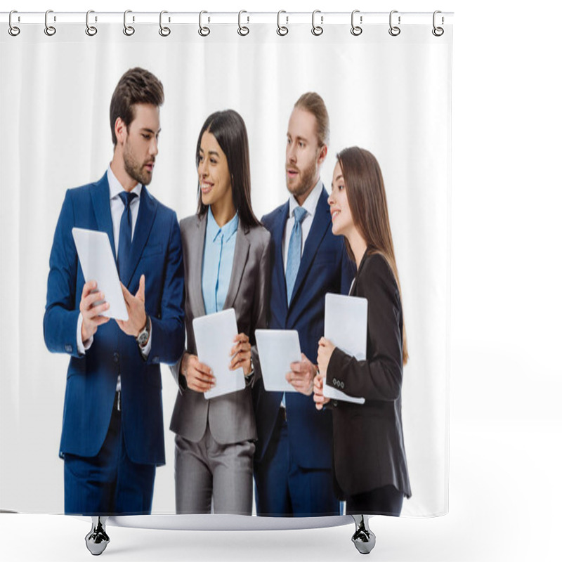 Personality  Smiling Multicultural Business People In Suits Using Digital Tablets Isolated On White Shower Curtains