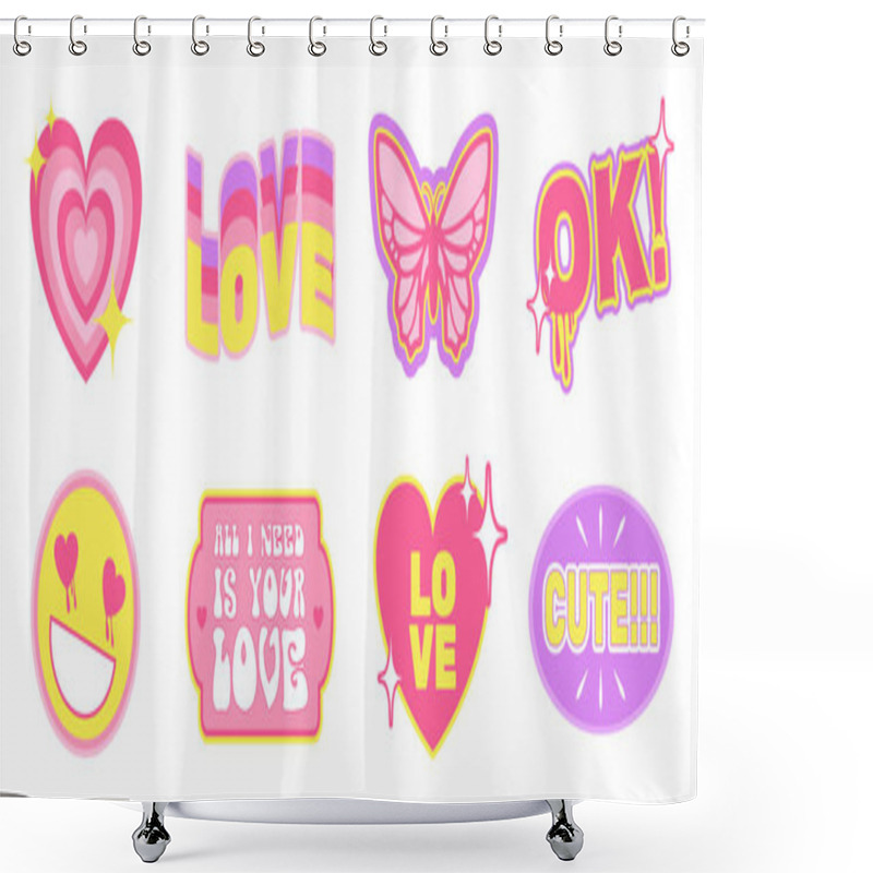 Personality  Valentine's Day Sticker Pack In Y2K Retro Aesthetic, Set Of Cute Drawings, Hearts, Butterfly, Face And Abstract Forms With Short Cheerful Phrases. Vector Illustration. Shower Curtains