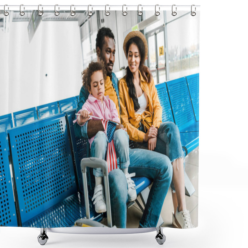 Personality  African American Family Sitting In Airport With Suitcase While Child Holding American Flag Shower Curtains