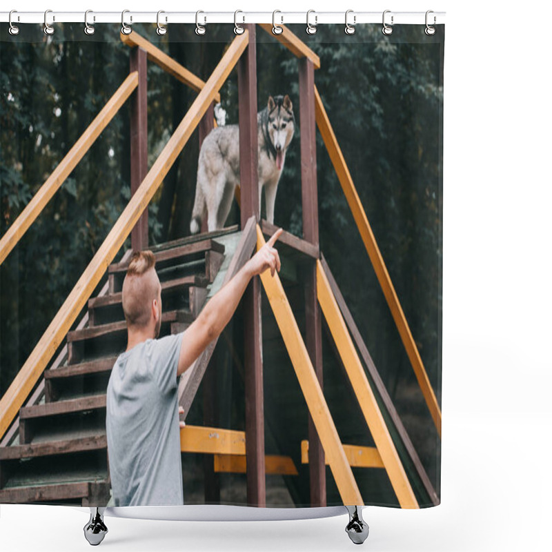 Personality  Cynologist Pointing To Siberian Husky Dog On Stairs Obstacle  Shower Curtains