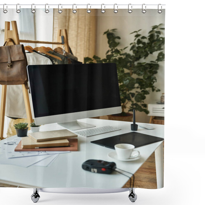 Personality  Modern Computer And Stationery On Table With Coffee Cup In Well Lit Room. Shower Curtains