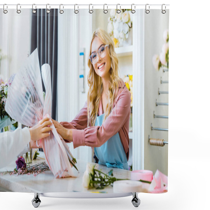 Personality  Beautiful Smiling Female Florist Giving Bouquet To Customer In Flower Shop Shower Curtains