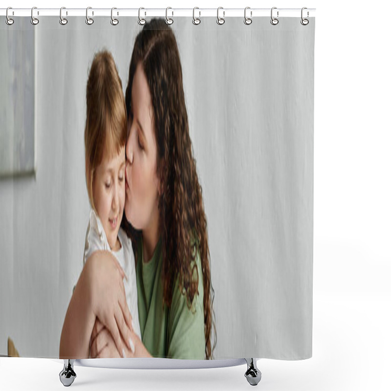 Personality  A Plus Size Mother Lovingly Kisses Her Daughter, Both Radiating Warmth And Happiness Together. Shower Curtains