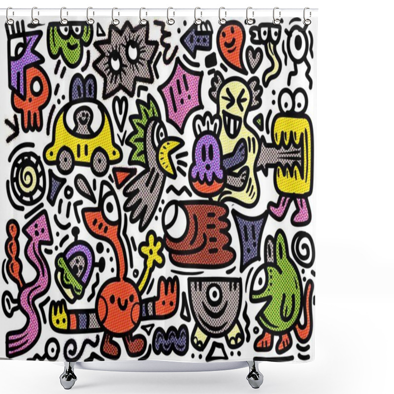 Personality  A Vibrant And Chaotic Collection Of Playful Cartoon Doodle Characters And Objects, Featuring A Variety Of Expressions And Shapes, Enhanced By A Retro Halftone Effect For A Lively Comic Style Shower Curtains