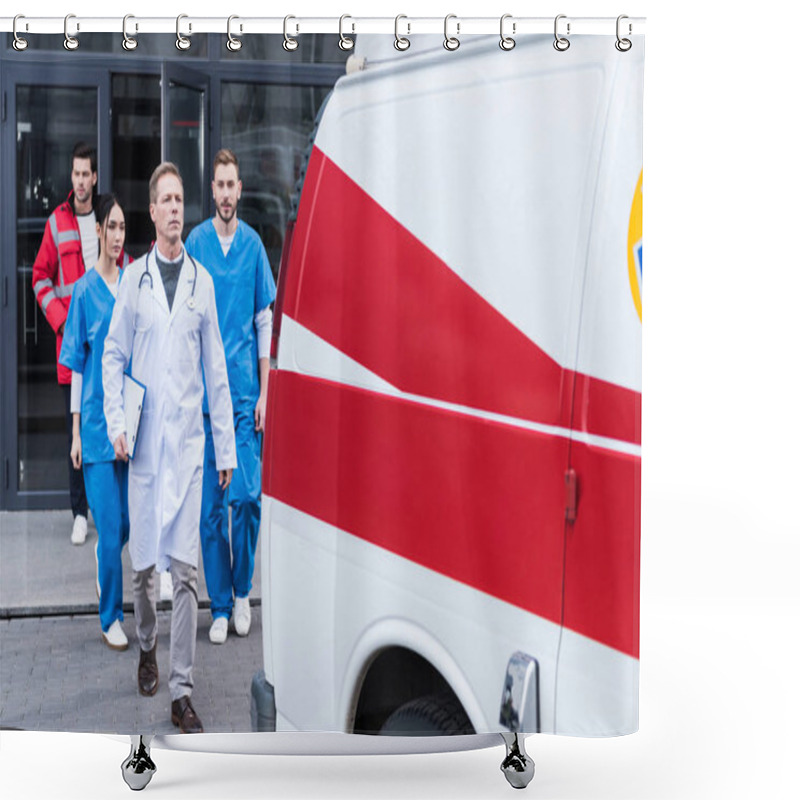 Personality  Team Of Paramedics With Doctor Going From Hospital To Ambulance  Shower Curtains