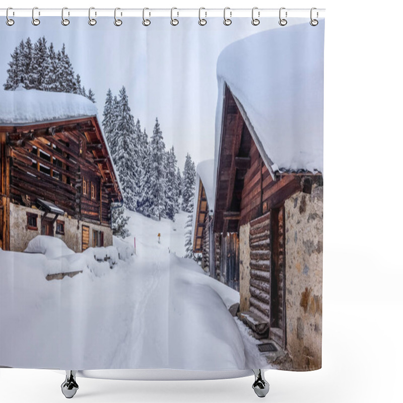 Personality  Isolated Summer Chalet And Villages High Up On The Swiss Alps Covered In Fresh Powder Snow Near Davos Shower Curtains