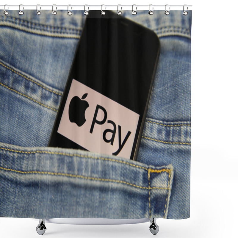 Personality  Viersen, Germany - November 9. 2020: Close Up Of Isolated Mobile Phone With Payment Provider Apple Pay Logo Lettering In Jeans Pocket Shower Curtains