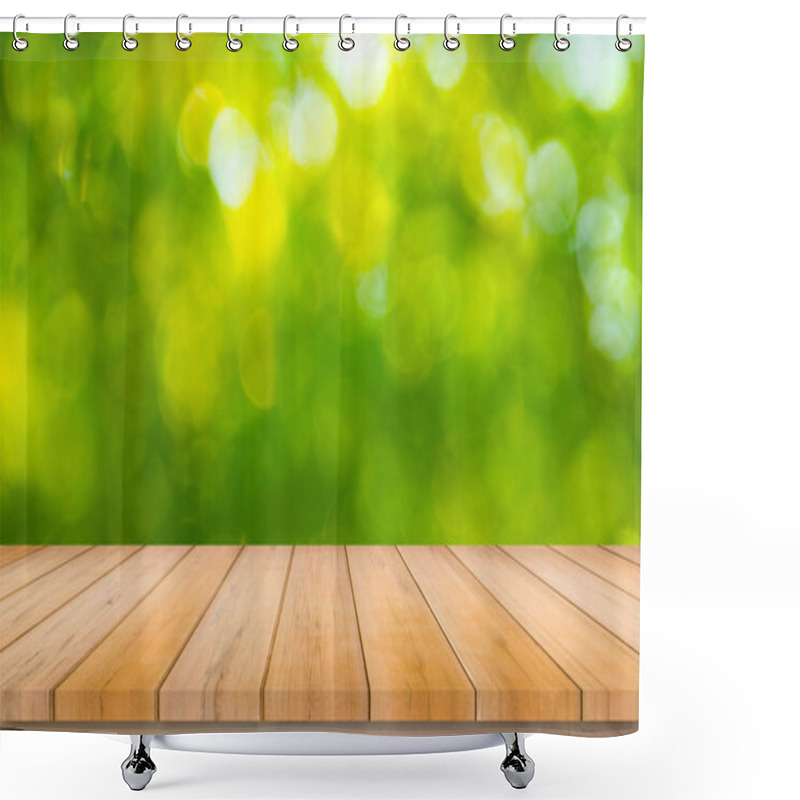 Personality  Wooden Planks With Blurred Natural Green Background Shower Curtains