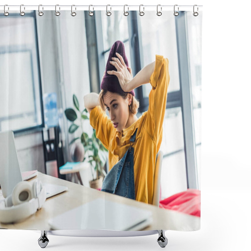 Personality  Confused Young Female It Specialist Using Laptop In Loft Office  Shower Curtains