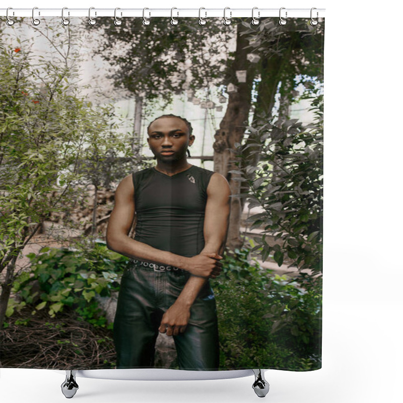 Personality  A Dapper African American Man Stands Elegantly Next To A Towering Tree In A Lush Forest. Shower Curtains