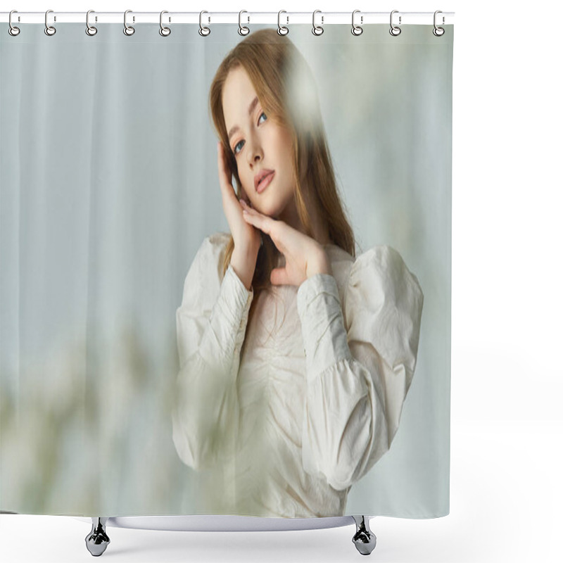 Personality  A Young Woman Gently Poses Among Soft Blossoms, Radiating Beauty And Grace. Shower Curtains