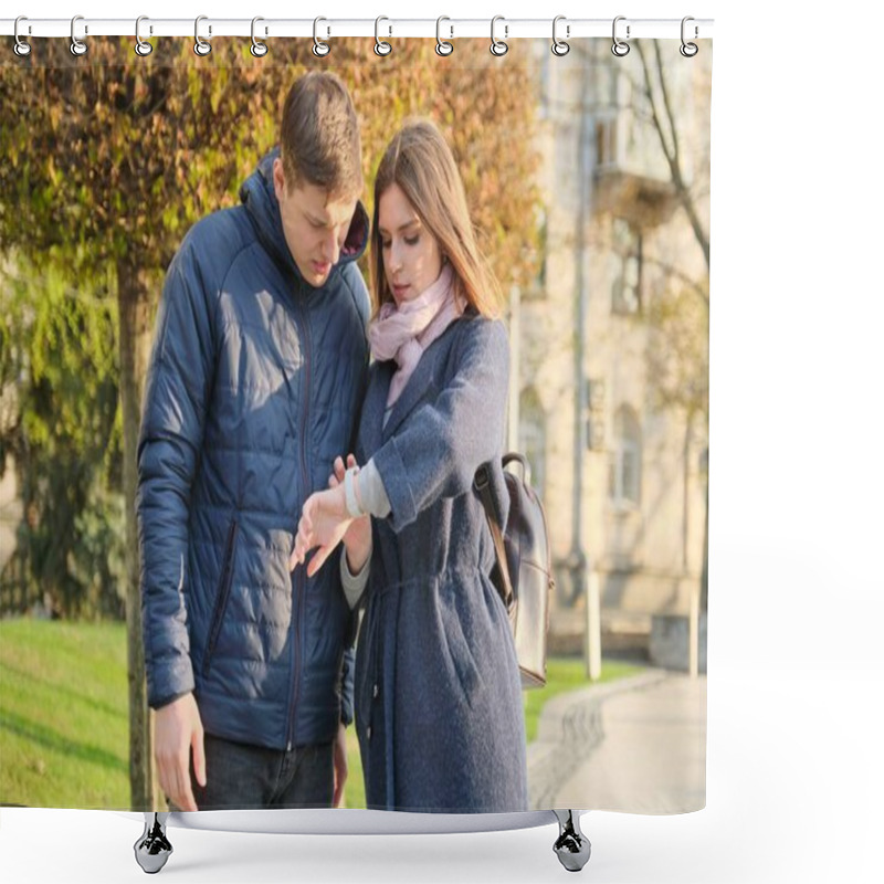 Personality  Young Man And Woman In City, Looking At Wristwatch, Golden Hour, Spring Season Shower Curtains