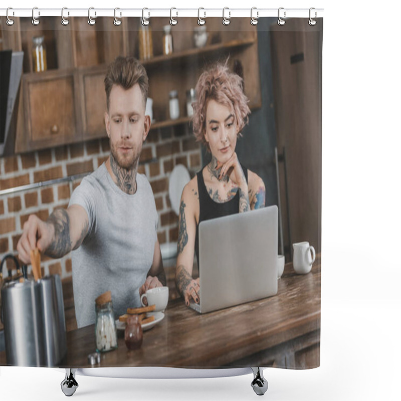 Personality  Young Tattooed Couple Using Laptop During Breakfast In Kitchen Shower Curtains