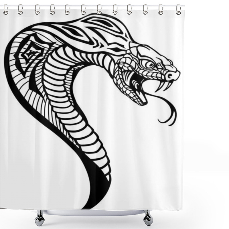 Personality  head of the cobra. A poisonous snake in a defensive position. Attacking posture. Black and white tattoo style vector illustration shower curtains