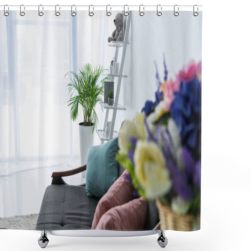 Personality  Selective Focus Of Sofa With Pillows In Stylish Living Room Shower Curtains