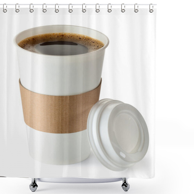 Personality  Opened Take-out Coffee With Cup Holder. Isolated On A White. Shower Curtains