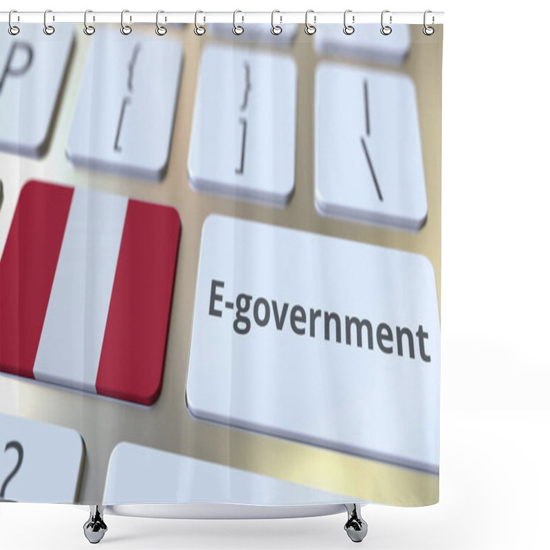 Personality  E-government Or Electronic Government Text And Flag Of Peru On The Keyboard. Modern Public Services Related Conceptual 3D Rendering Shower Curtains