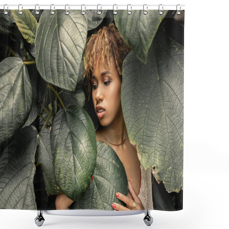 Personality  Young And Modern African American Woman With Makeup Touching And Looking At Green Foliage While Standing In Greenhouse, Stylish Woman Enjoying Lush Tropical Surroundings Shower Curtains