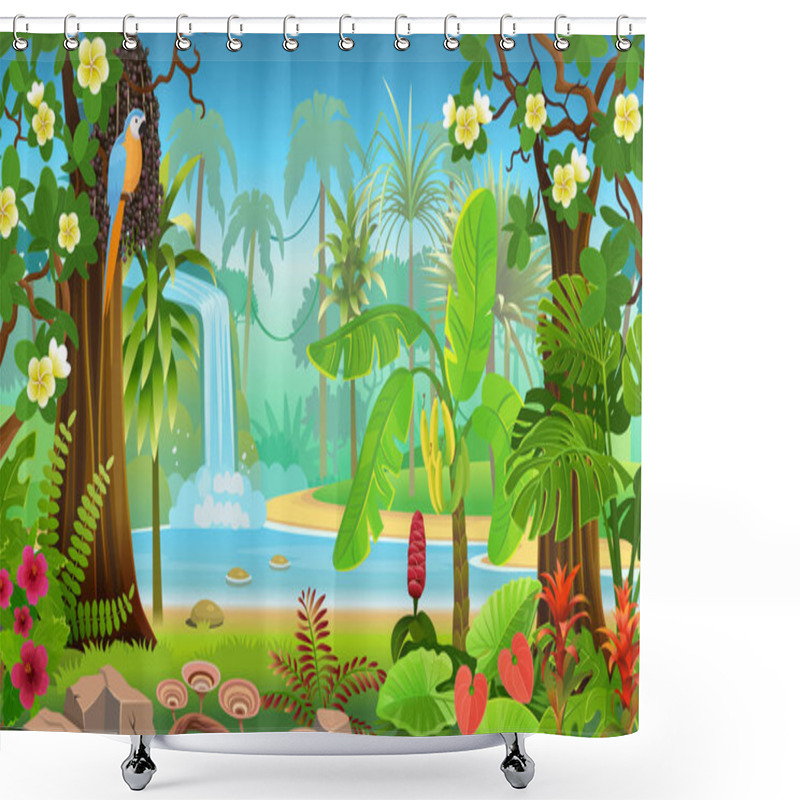 Personality   Jungle Forest View. Jungle With Green Tropical Trees, River Or Lake And A Waterfall, Plants, Shrubs And Flowers. Wildlife Panoramic With Landscape. Vector Cartoon Illustration. Shower Curtains